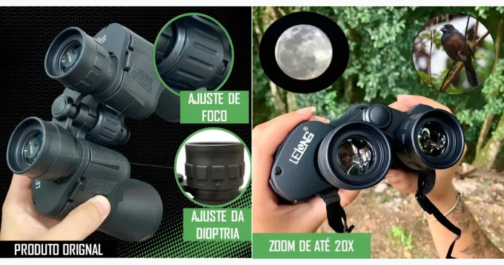 Imagem promocional de binóculo LELUO com detalhes técnicos e exemplos de uso