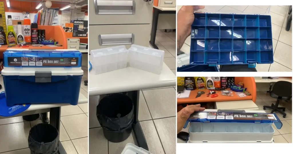 caixa Demonstração prática da PG BOX 007 em loja de equipamentos de pesca