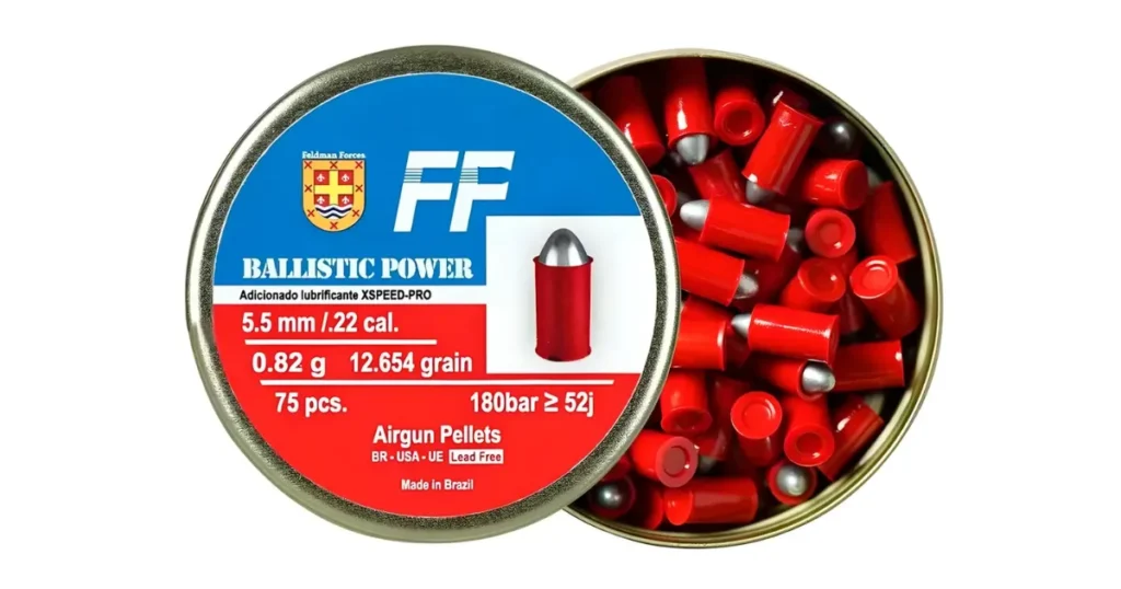 Lata de chumbinhos FF Ballistic Power aberta mostrando munições vermelhas