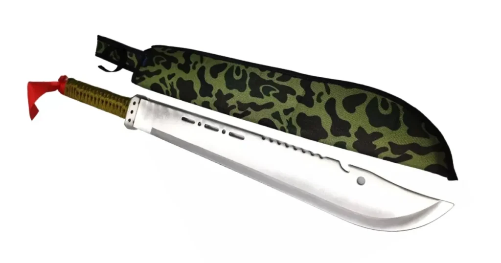 Facão militar com lâmina robusta e bainha camuflada verde para atividades ao ar livre