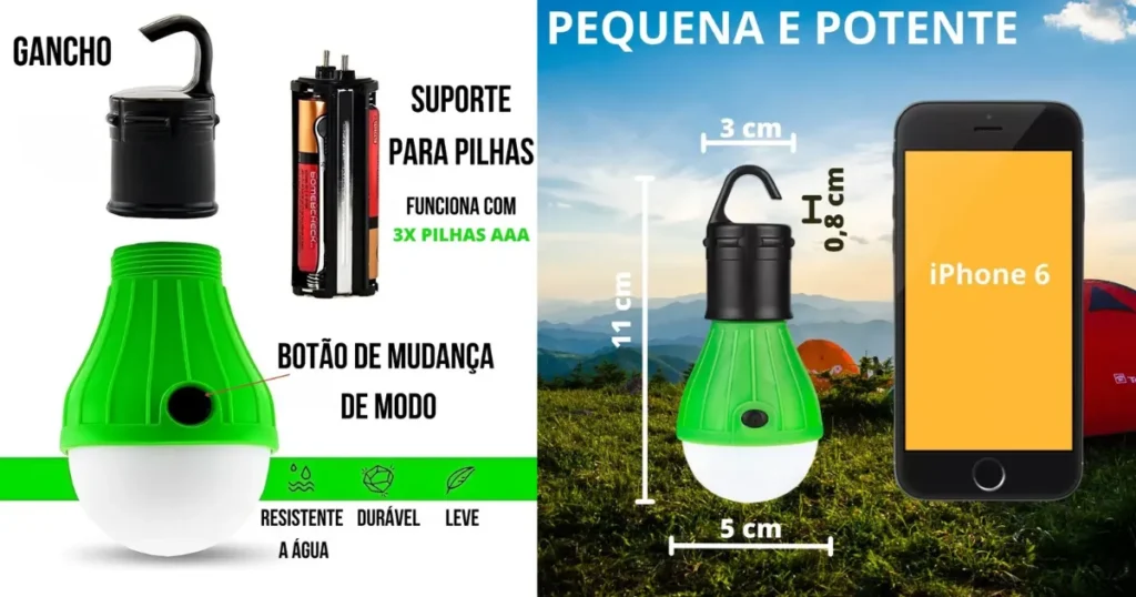 Kit com 3 lâmpadas Especificações detalhadas da lanterna de camping com dimensões e comparação de tamanho