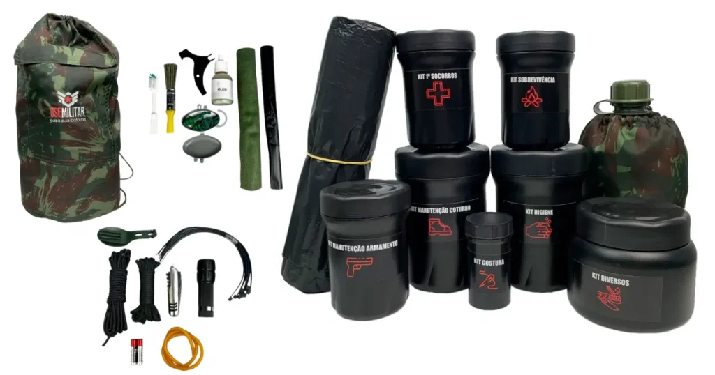 Sistema completo de sobrevivência: kits especializados e equipamentos individuais organizados