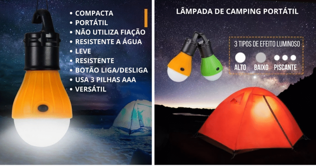 Especificações técnicas da lâmpada de camping portátil com múltiplos modos de iluminação