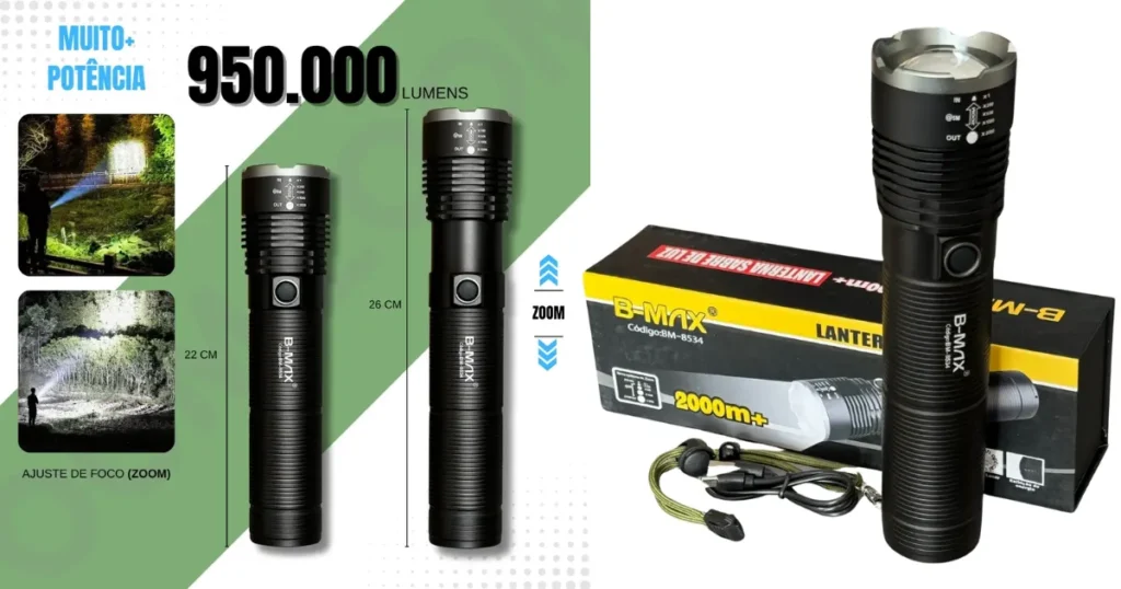 Especificações técnicas da lanterna tática B-MYX de 950.000 lumens com função zoom