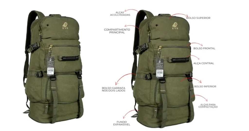 Mochila Expansível 80L KVN com diagrama explicativo dos compartimentos e características