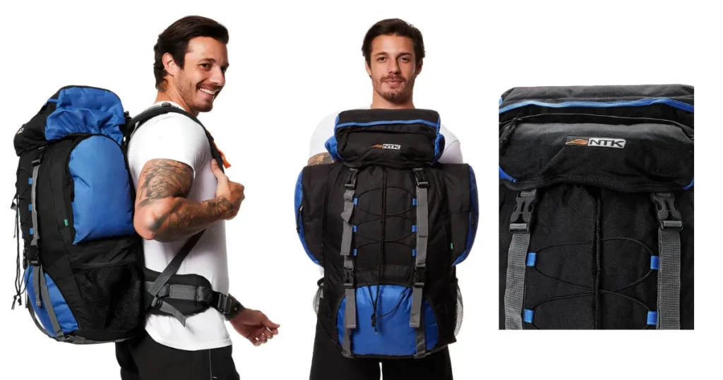 Demonstração de uso da mochila NTK por dois homens e detalhe do compartimento superior