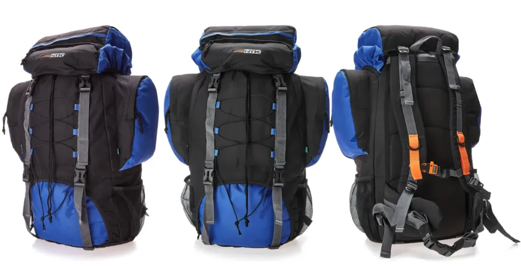 Mochila Intruder 60L em três ângulos: lateral esquerda, frontal e sistema de costas