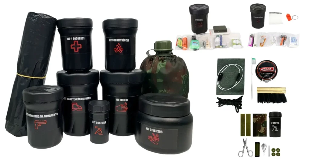 Sistema de kits de sobrevivência com conteúdo detalhado dos componentes internos