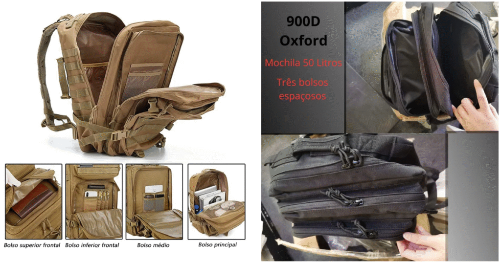Mochila tática de 50 litros com três bolsos espaçosos e divisões internas, fabricada em tecido Oxford 900D