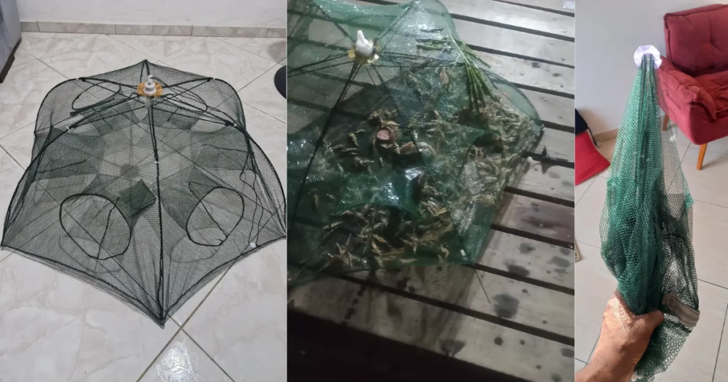 Sequência completa de uso da armadilha de pesca: montagem, captura e armazenamento