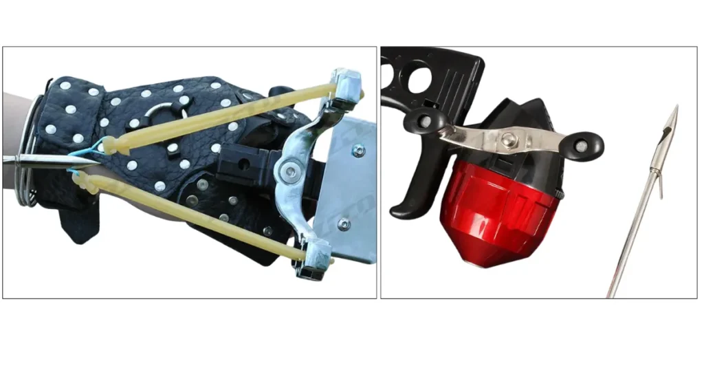 Detalhes do estilingue profissional para pesca: suporte de pulso e carretel vermelho com flecha