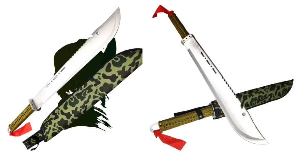 Facões militares com lâmina de aço inoxidável e bainha camuflada, ideais para trilhas e sobrevivência