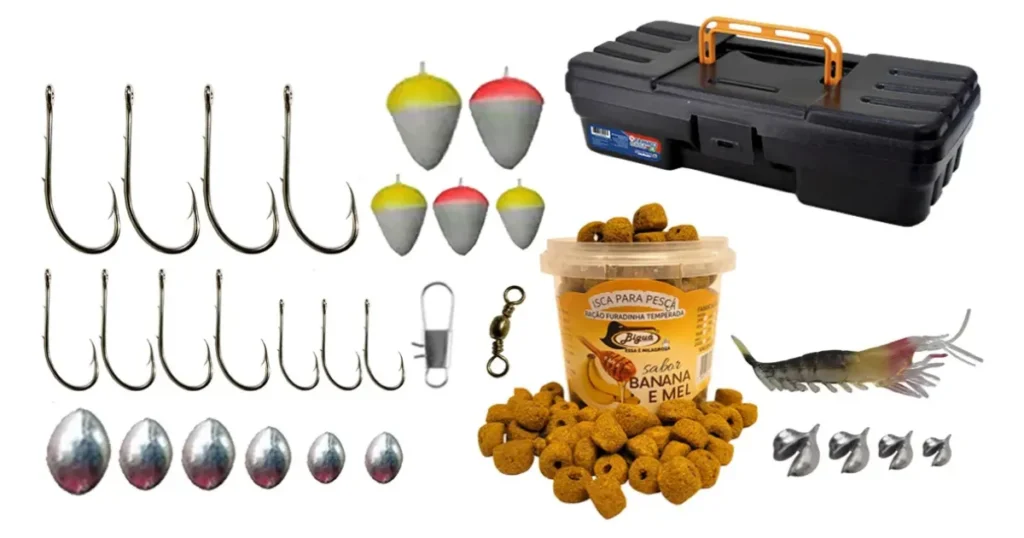 Kit de acessórios para pesca com anzóis, chumbadas, iscas e maleta