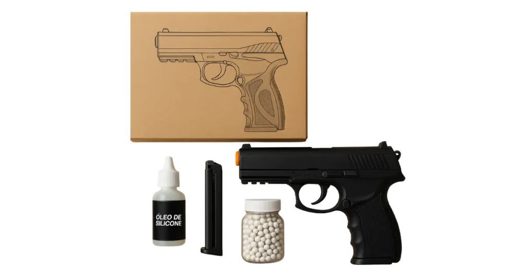 Kit completo de pistola airsoft CO2 com caixa, carregador, frasco de óleo de silicone e munição BBs sobre superfície de madeira clara