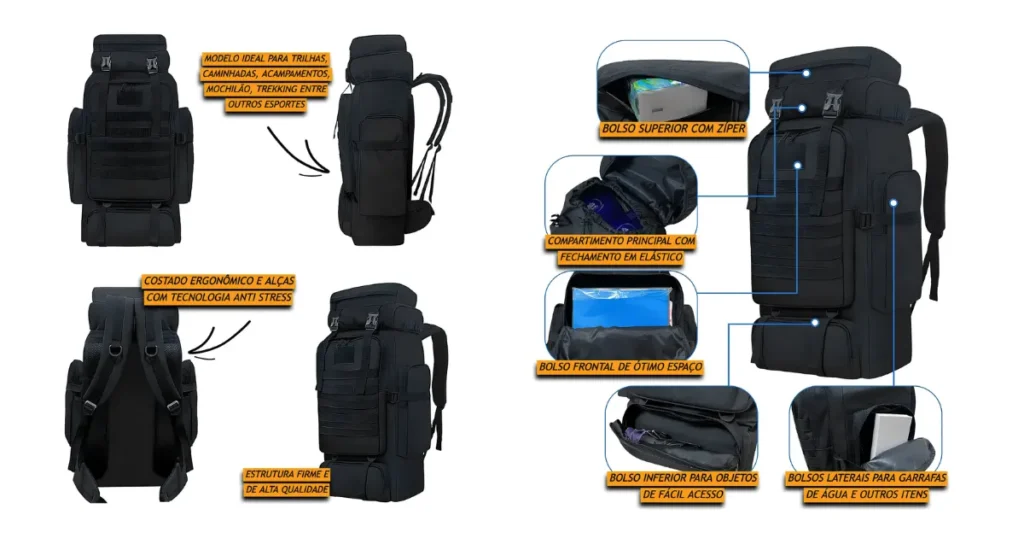 Imagem promocional de mochila tática preta mostrando diferentes ângulos e detalhes dos compartimentos