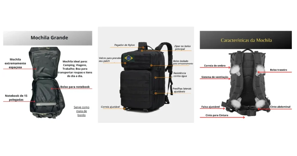 Mochila de 50 litros com divisões internas e recursos ergonômicos para camping, viagens e uso militar