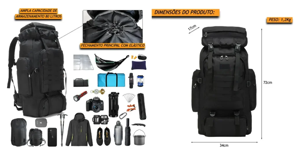 Especificações técnicas e capacidade de uma mochila tática de 80 litros