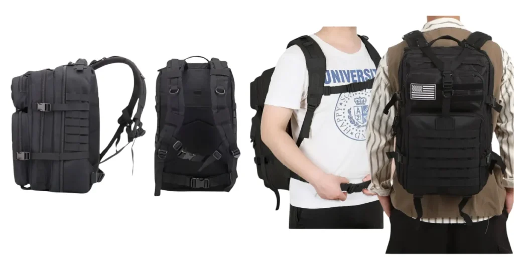 Mochila tática militar preta em diferentes ângulos e em uso por duas pessoas