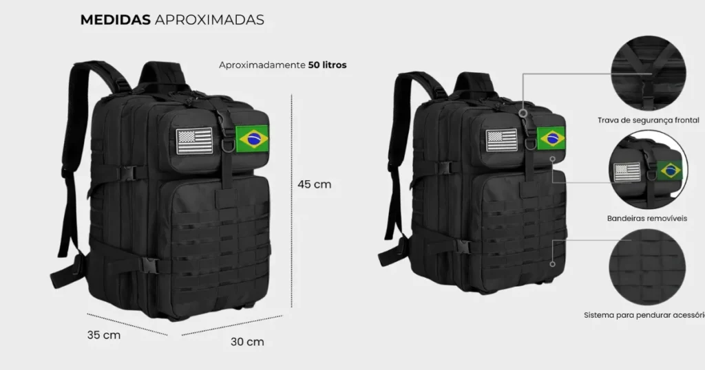 Mochila tática militar com especificações técnicas e detalhes de características
