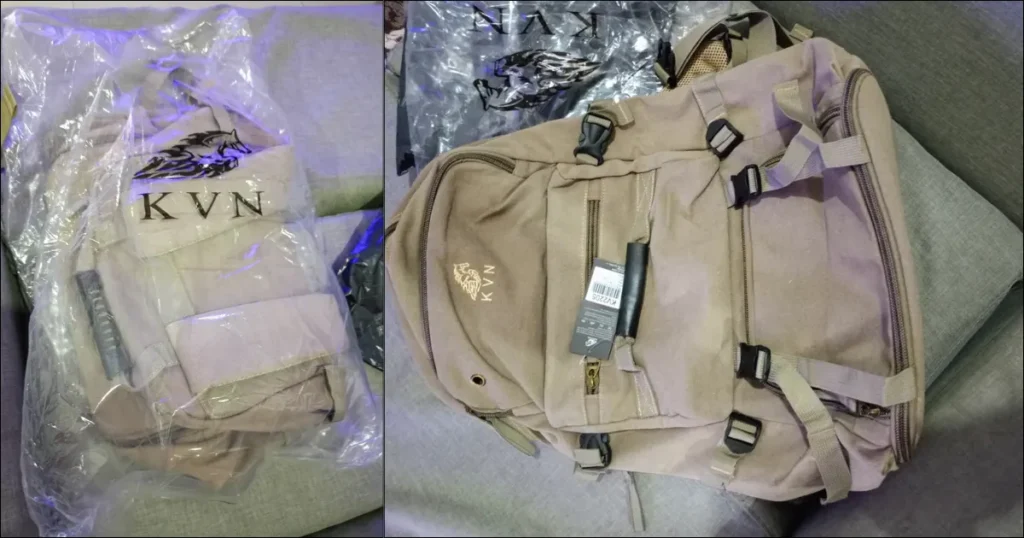 Mochila tática KVN em embalagem original e após desembalagem
