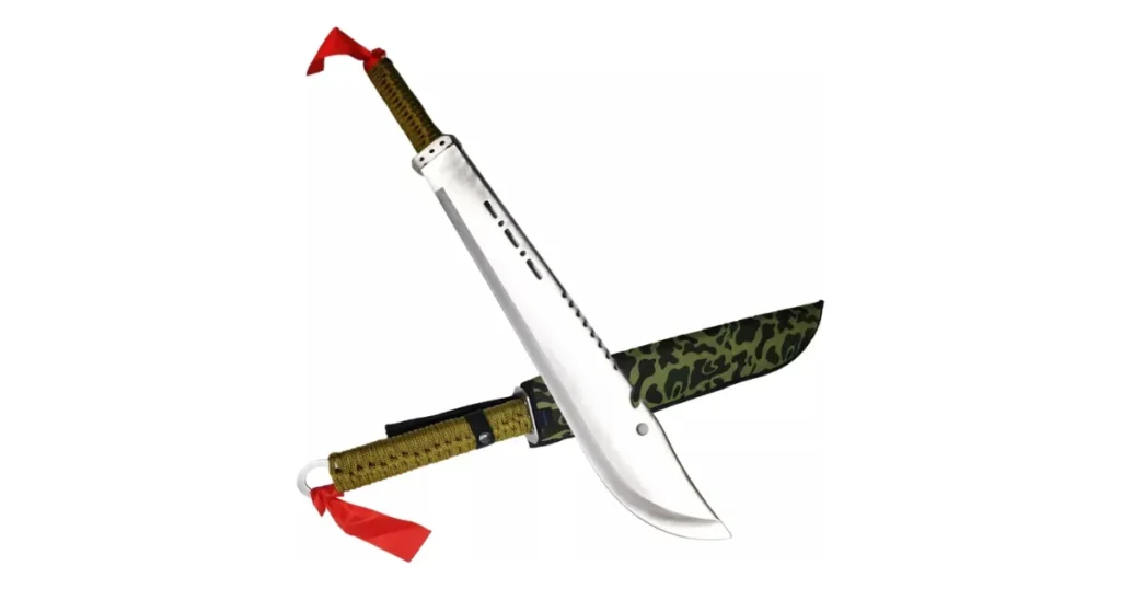 Facão militar com cabo tático e bainha camuflada para uso em matas e acampamentos