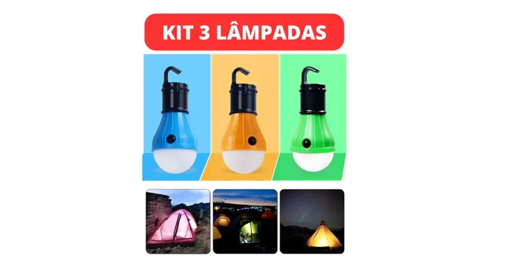 Kit 3 Lâmpadas LED portáteis para camping com gancho e diferentes cores