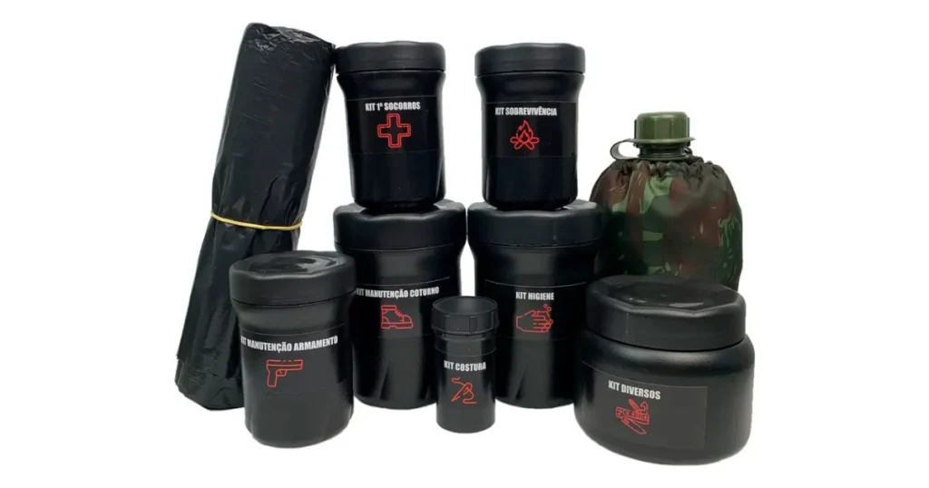 Conjunto completo de kits de sobrevivência e manutenção em recipientes estanques