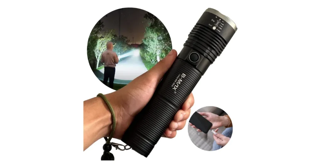 Lanterna tática de alta potência com demonstração de uso noturno e recarga USB