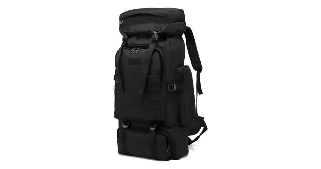 Mochila tática preta de grande capacidade com múltiplos compartimentos e sistema MOLLE