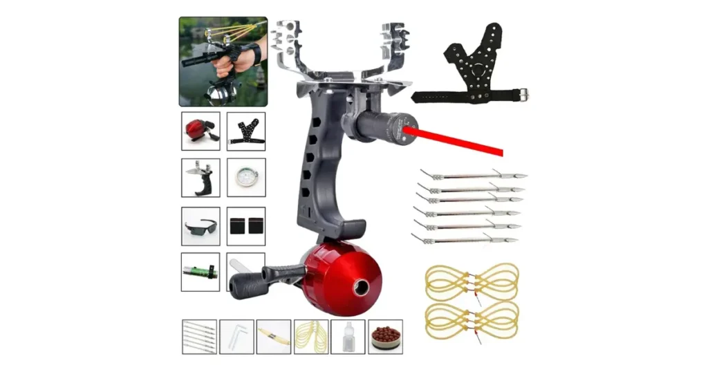 Estilingue profissional para pesca com acessórios diversos e detalhes de uso