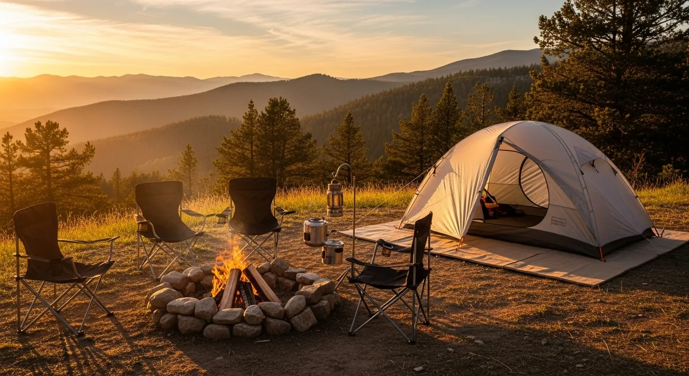 Acampamento organizado com barraca, fogueira segura e paisagem montanhosa ao fundo durante o pôr do sol