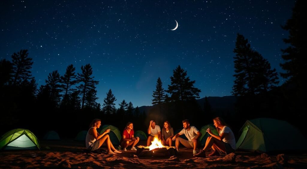 A serene campsite under a starry night sky, the warm glow of a crackling campfire illuminating the faces of friends gathered around, engaged in lively nighttime activities. In the foreground, a group of campers playing an interactive game, their laughter and animated gestures captured in a dynamic composition. The middle ground features tents nestled among tall pine trees, casting soft shadows across the scene. The background reveals a stunning panorama of the night sky, with a crescent moon and twinkling constellations adding to the magical ambiance. The overall mood is one of camaraderie, adventure, and the pure joy of outdoor exploration under the stars. A serene campsite under a starry night sky, the warm glow of a crackling campfire illuminating the faces of friends gathered around, engaged in lively nighttime activities. In the foreground, a group of campers playing an interactive game, their laughter and animated gestures captured in a dynamic composition. The middle ground features tents nestled among tall pine trees, casting soft shadows across the scene. The background reveals a stunning panorama of the night sky, with a crescent moon and twinkling constellations adding to the magical ambiance. The overall mood is one of camaraderie, adventure, and the pure joy of outdoor exploration under the stars.