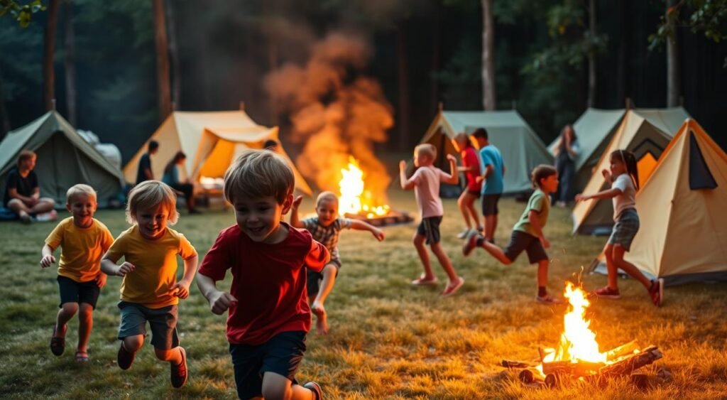 A vibrant campsite scene with children engaged in various outdoor activities. In the foreground, a group of young campers playing a lively game of tag, their laughter and energy palpable. The middle ground showcases a mix of classic camp activities - a sack race, a three-legged race, and a tug-of-war match, all captured in dynamic motion. In the background, a cozy campfire surrounded by tents, with silhouetted figures roasting marshmallows and sharing stories. Warm, golden lighting illuminates the scene, creating a sense of camaraderie and adventure. The overall composition evokes the spirit of a well-planned, fun-filled camping excursion for all ages. A vibrant campsite scene with children engaged in various outdoor activities. In the foreground, a group of young campers playing a lively game of tag, their laughter and energy palpable. The middle ground showcases a mix of classic camp activities - a sack race, a three-legged race, and a tug-of-war match, all captured in dynamic motion. In the background, a cozy campfire surrounded by tents, with silhouetted figures roasting marshmallows and sharing stories. Warm, golden lighting illuminates the scene, creating a sense of camaraderie and adventure. The overall composition evokes the spirit of a well-planned, fun-filled camping excursion for all ages.