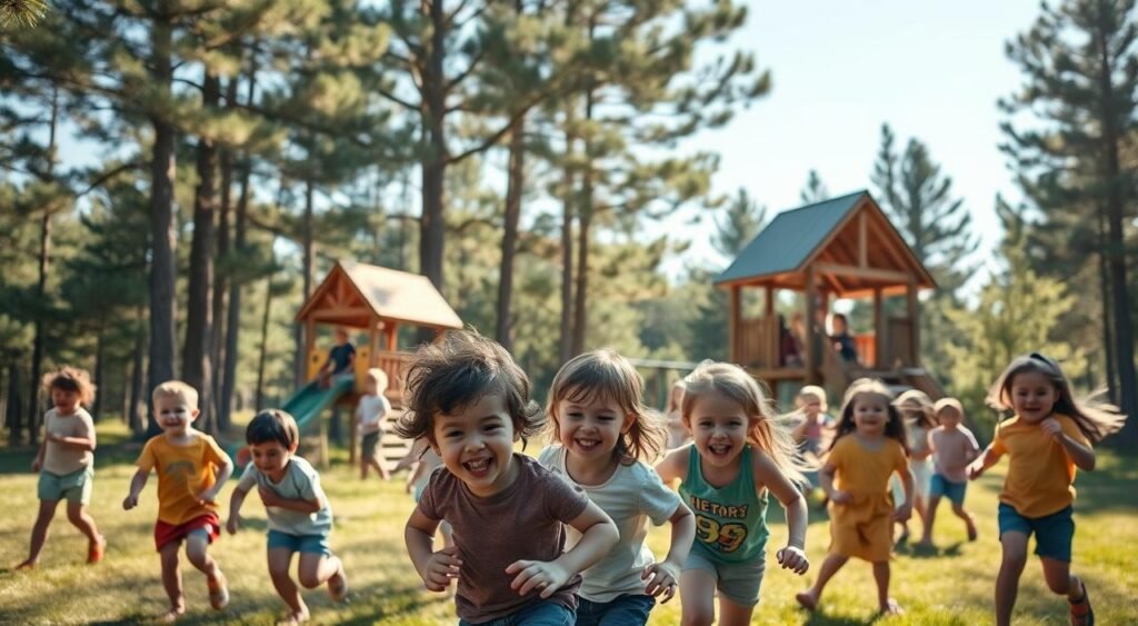 A vibrant outdoor scene of a children's summer camp, with a group of smiling young campers engaged in various playful activities. In the foreground, a lively game of tag or hide-and-seek is unfolding, with the children's laughter and energetic movements filling the air. The middle ground features a wooden playground structure, complete with a slide, swings, and a climbing wall, where other campers are joyfully exploring. In the background, tall pine trees sway gently, casting soft, dappled shadows across the scene, creating a sense of tranquility and natural wonder. The lighting is warm and inviting, with the sun's rays filtering through the leaves and bathing the entire composition in a golden glow. The overall atmosphere is one of pure, carefree childhood joy and adventure, perfectly capturing the spirit of a vibrant children's summer camp. A vibrant outdoor scene of a children's summer camp, with a group of smiling young campers engaged in various playful activities. In the foreground, a lively game of tag or hide-and-seek is unfolding, with the children's laughter and energetic movements filling the air. The middle ground features a wooden playground structure, complete with a slide, swings, and a climbing wall, where other campers are joyfully exploring. In the background, tall pine trees sway gently, casting soft, dappled shadows across the scene, creating a sense of tranquility and natural wonder. The lighting is warm and inviting, with the sun's rays filtering through the leaves and bathing the entire composition in a golden glow. The overall atmosphere is one of pure, carefree childhood joy and adventure, perfectly capturing the spirit of a vibrant children's summer camp.