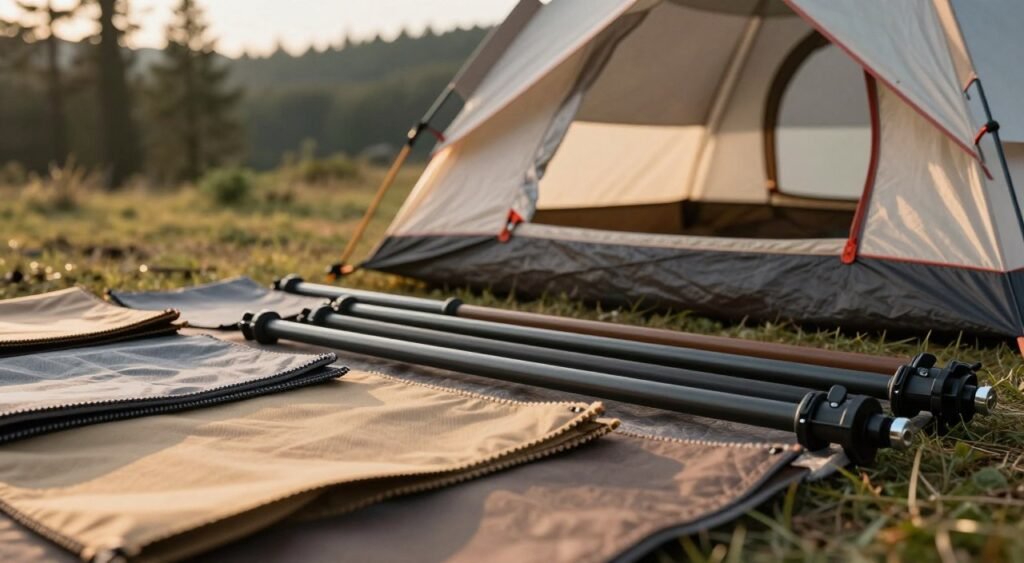 A close-up view of various camping tent materials spread out on a natural outdoor setting during golden hour lighting. In the foreground, showcase high-quality tent fabric samples in earthy tones alongside robust tent poles and connectors that demonstrate durability. In the middle ground, a semi-erect camping tent made of the showcased materials stands, with visible stitching and reinforcements emphasizing structural integrity. In the background, a serene forest landscape with softly blurred trees adds depth, conveying a peaceful camping atmosphere. The composition should evoke a sense of adventure and reliability, highlighting the essential qualities for selecting a six-person camping tent. Use a shallow depth of field to focus on the materials and tent structure, while the gentle light casts smooth shadows for warmth. A close-up view of various camping tent materials spread out on a natural outdoor setting during golden hour lighting. In the foreground, showcase high-quality tent fabric samples in earthy tones alongside robust tent poles and connectors that demonstrate durability. In the middle ground, a semi-erect camping tent made of the showcased materials stands, with visible stitching and reinforcements emphasizing structural integrity. In the background, a serene forest landscape with softly blurred trees adds depth, conveying a peaceful camping atmosphere. The composition should evoke a sense of adventure and reliability, highlighting the essential qualities for selecting a six-person camping tent. Use a shallow depth of field to focus on the materials and tent structure, while the gentle light casts smooth shadows for warmth.
