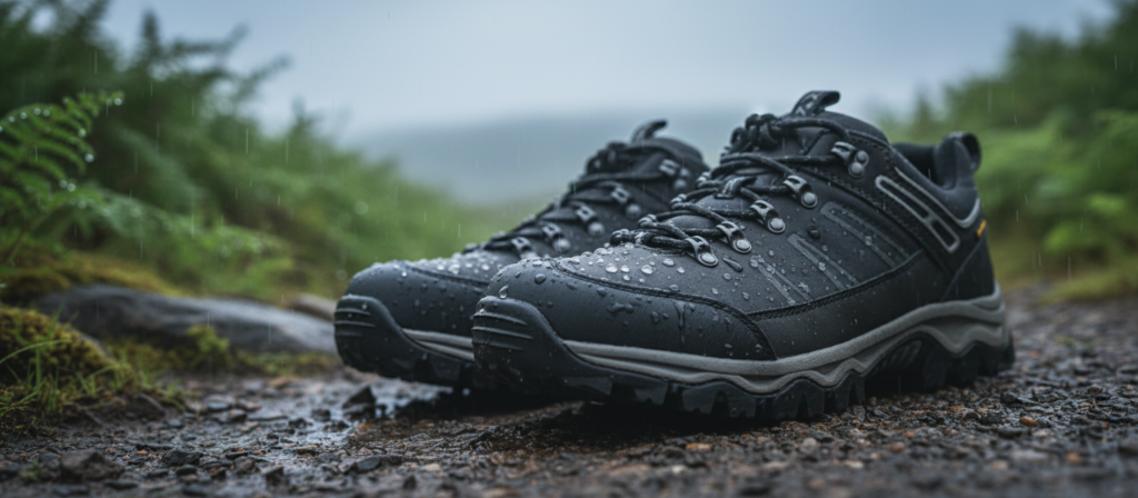 A close-up view of waterproof camping shoes designed for rainy weather, displayed on a rocky, muddy trail. The shoes should feature a rugged design with deep treads, showcasing their durability and grip. In the foreground, droplets of water should glisten on the shoe surfaces, emphasizing their waterproof capability. The middle ground should include blurred hints of lush green foliage and a light mist, suggesting an outdoor setting in the rain. The background can feature muted colors of a cloudy sky, hinting at ongoing rainfall but creating a calm atmosphere. Soft, natural lighting should enhance the textures and details of the shoes, highlighting their features effectively. The overall mood should convey preparedness and resilience in the face of nature’s challenges.