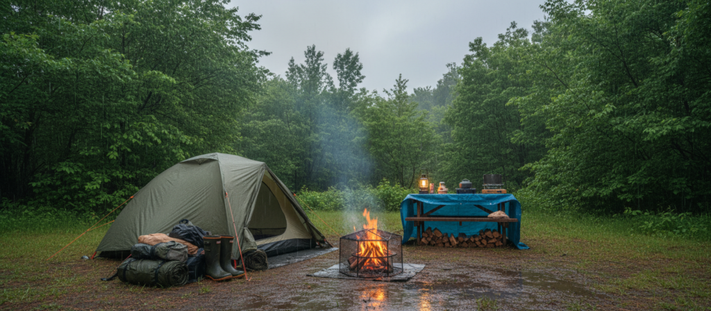 A cozy camping scene during a gentle rain, showcasing a well-prepared campsite. In the foreground, a tent with a rainfly is securely staked down, surrounded by waterproof gear. A small campfire with a protective screen flickers, reflecting warmth amidst the rain. In the middle ground, a picnic table is covered with a waterproof tarp, holding a selection of camping supplies like a lantern and cooking equipment. The background features lush green trees, glistening with raindrops, under a moody, overcast sky. Soft, diffused lighting creates a serene atmosphere, emphasizing the isolation and tranquility of camping in the rain. Capture this scene with a wide-angle lens to convey depth and immerse the viewer in the joyful resilience of camping, rain or shine.