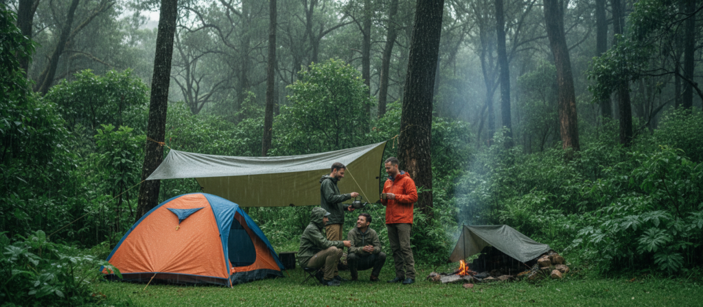 A cozy camping scene set in a lush, green forest during a gentle rain. In the foreground, a small tent, brightly colored and waterproof, stands firm on a grassy patch, raindrops glistening on its surface. Nearby, a group of three campers in modest, moisture-wicking clothing huddle under a tarp, preparing a steaming cup of tea. The middle layer showcases the vibrant foliage with droplets clinging to leaves, and a small campfire, partially sheltered, sending up a thin wisp of smoke. In the background, tall trees rise majestically, their trunks darkened by the rain. Soft, diffused lighting creates a tranquil, serene atmosphere, highlighting the beauty of camping in the rain. A wide-angle perspective emphasizes the unity of nature and the camping experience.