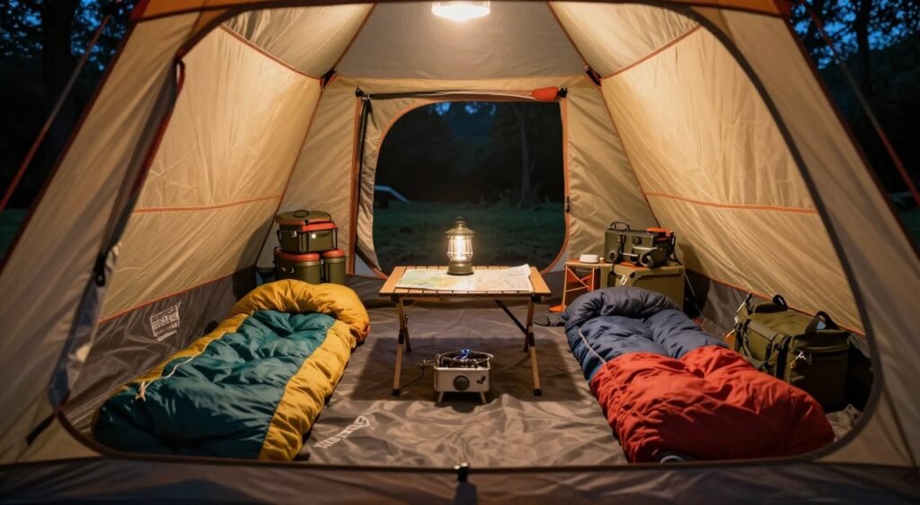 A cozy six-person camping tent interior, showcasing a well-organized space with colorful sleeping bags, a small camping stove, and a neatly arranged gear area. The foreground features soft, warm lighting illuminating the fabric walls, creating a welcoming atmosphere. In the middle, a foldable table holds a map and a lantern, hinting at group planning activities. The background shows the tent's entrance slightly open, revealing hints of the outdoor scenery, such as trees and a starry night sky. The perspective is from inside the tent, capturing the space's functionality and comfort, reflecting the warmth and camaraderie of a group preparing for an adventure in nature. A cozy six-person camping tent interior, showcasing a well-organized space with colorful sleeping bags, a small camping stove, and a neatly arranged gear area. The foreground features soft, warm lighting illuminating the fabric walls, creating a welcoming atmosphere. In the middle, a foldable table holds a map and a lantern, hinting at group planning activities. The background shows the tent's entrance slightly open, revealing hints of the outdoor scenery, such as trees and a starry night sky. The perspective is from inside the tent, capturing the space's functionality and comfort, reflecting the warmth and camaraderie of a group preparing for an adventure in nature.