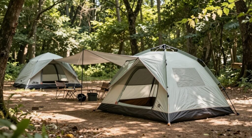 A fully pitched camping tent designed for six people, showcasing a complete rainfly in a lush green forest setting. In the foreground, the tent is prominently displayed with its sturdy construction, featuring strong poles and taut fabric. The middle ground includes a clear view of the ground, highlighting a dry, well-prepared campsite with camping gear neatly arranged beside the tent. In the background, towering trees create a serene atmosphere, dappled sunlight filtering through the leaves, casting playful shadows on the ground. The scene is tranquil, evoking a sense of adventure and comfort, ideal for family camping trips. The lighting is soft and warm, enhancing the inviting mood of the campsite, with a focus on the tent's waterproofing capability. A fully pitched camping tent designed for six people, showcasing a complete rainfly in a lush green forest setting. In the foreground, the tent is prominently displayed with its sturdy construction, featuring strong poles and taut fabric. The middle ground includes a clear view of the ground, highlighting a dry, well-prepared campsite with camping gear neatly arranged beside the tent. In the background, towering trees create a serene atmosphere, dappled sunlight filtering through the leaves, casting playful shadows on the ground. The scene is tranquil, evoking a sense of adventure and comfort, ideal for family camping trips. The lighting is soft and warm, enhancing the inviting mood of the campsite, with a focus on the tent's waterproofing capability.