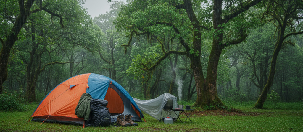 A scenic camping setup in a lush, green forest during a gentle rain. The foreground features a vibrant, waterproof tent pitched firmly on a grassy patch, surrounded by essential waterproof gear: a rain jacket, sturdy waterproof boots, and a durable backpack. In the middle ground, a small cooking area with a portable stove and rain cover, steaming with freshly brewed coffee, creates a cozy atmosphere. The background showcases tall trees with droplets glistening on their leaves, under a grey, cloud-filled sky that diffuses soft, natural light throughout the scene. The mood is calm and inviting, emphasizing the joys of camping in the rain while showcasing quality waterproof camping equipment. The angle captures both the equipment and the serene nature surrounding it.