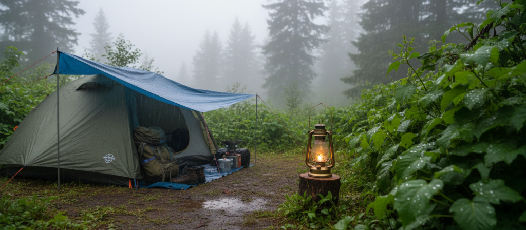 A serene camping scene during a gentle rain, showcasing a well-protected tent nestled among lush greenery. In the foreground, the tent is securely covered with a rainfly, with camping gear organized neatly underneath a waterproof tarp. The middle ground reveals a small campsite with a flickering lantern casting a warm glow, illuminating the surrounding area. Raindrops can be seen gently falling on the leaves and pooling on the ground, creating a tranquil atmosphere. The background features tall, misty trees shrouded in soft gray clouds, enhancing the mood of a rainy day in nature. The lighting is soft and diffused, evoking a calm and cozy vibe, perfect for an outdoor adventure.