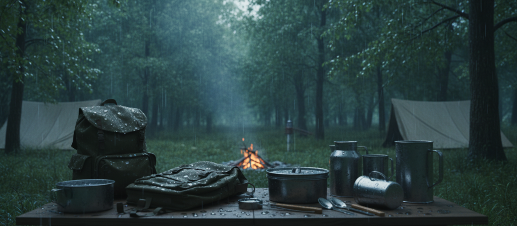 A serene camping scene in a dense forest during a gentle rain, showcasing various wet camping equipment meticulously arranged on a makeshift wooden table. In the foreground, there are soaked tents, rain-slicked backpacks, and glistening cooking gear, with water droplets visibly pooling on surfaces. In the middle ground, a cozy campfire struggles to maintain its flame amidst the downpour, with steam rising softly. The background features tall, lush trees with droplets cascading down from their leaves, creating a soft, melancholic atmosphere. The lighting is soft and diffuse, mimicking the cool, muted tones of a rainy day. The angle is slightly elevated to capture both the equipment and the surrounding nature, conveying a sense of isolation and calm despite the rain.