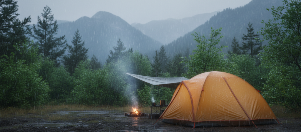 A serene camping scene in the rain, capturing the essence of "acampamento na chuva." In the foreground, a cozy tent is set up with rain droplets glistening on its surface, surrounded by a small campfire emitting gentle smoke. In the middle ground, there are lush green trees swaying gently in the breeze, their leaves glistening with moisture, creating a tranquil atmosphere. In the background, a soft blur of distant mountains adds depth, partially shrouded in mist from the rain. The lighting is soft and diffused, resembling an overcast sky, enhancing the calm and reflective mood of the scene. Use a wide-angle perspective to encompass the beauty of nature while illustrating the challenges of camping in wet conditions.