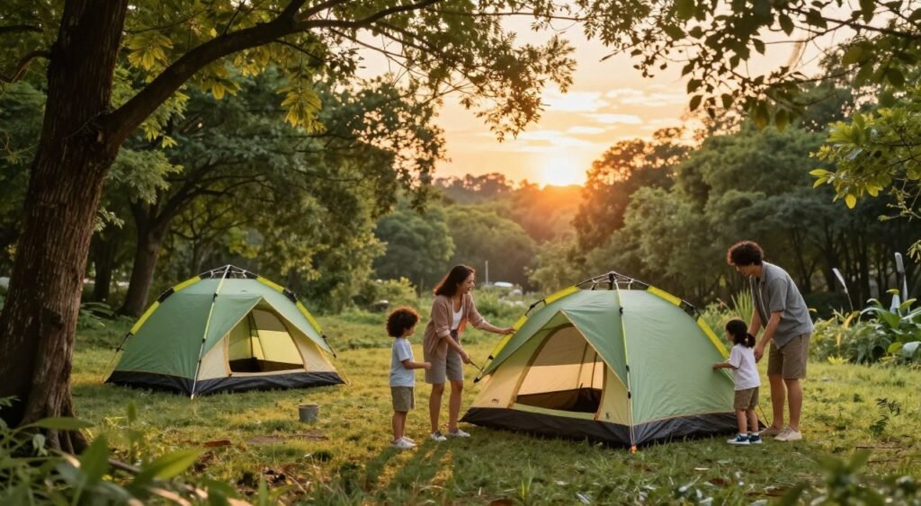 A serene camping scene showcasing a modern, easy-to-set-up 6-person camping tent being assembled in a picturesque forest. In the foreground, a family of diverse ethnicity (two adults and two children) is happily interacting while setting up the tent, wearing comfortable, modest casual clothing. The middle ground features the tent partially erected, with bright colors contrasting against the lush greenery of the trees surrounding them. The background showcases a tranquil sunset, casting a warm golden glow through the branches, enhancing the peaceful atmosphere. Shot with a wide-angle lens to capture the expanse of the campsite, emphasizing the spaciousness of the area. The mood is joyful and relaxed, inviting viewers to imagine the ease of assembly and portability for their own camping adventures. A serene camping scene showcasing a modern, easy-to-set-up 6-person camping tent being assembled in a picturesque forest. In the foreground, a family of diverse ethnicity (two adults and two children) is happily interacting while setting up the tent, wearing comfortable, modest casual clothing. The middle ground features the tent partially erected, with bright colors contrasting against the lush greenery of the trees surrounding them. The background showcases a tranquil sunset, casting a warm golden glow through the branches, enhancing the peaceful atmosphere. Shot with a wide-angle lens to capture the expanse of the campsite, emphasizing the spaciousness of the area. The mood is joyful and relaxed, inviting viewers to imagine the ease of assembly and portability for their own camping adventures.