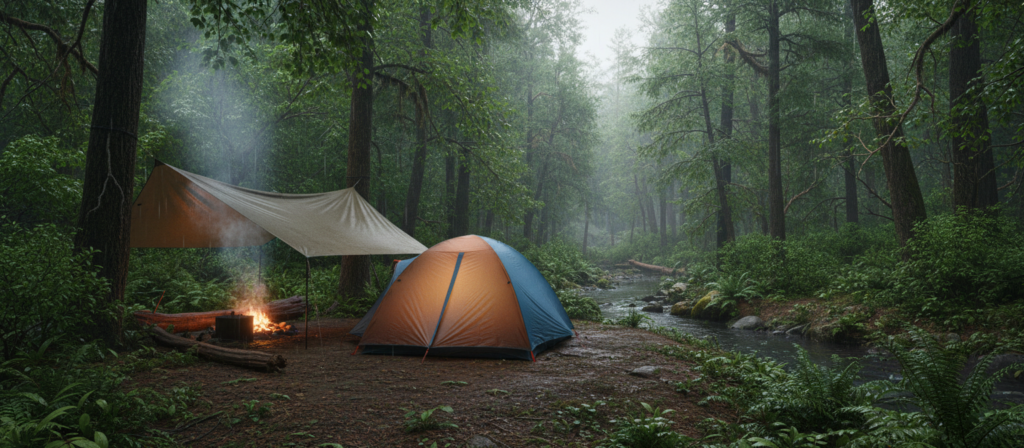A serene campsite during a gentle rain, nestled in a lush forest. In the foreground, a sturdy tent stands prominently on a slightly elevated patch of ground, its bright colors contrasting with the overcast skies. Nearby, a small campfire emits faint wisps of smoke, sheltered by a large, rustic tarp. The middle ground features a small stream reflecting the soft light from the overcast sky, bordered by vibrant greenery. In the background, tall trees draped with rain droplets create a cozy yet mysterious atmosphere. The scene's lighting is soft and diffused, with a focus on capturing the peaceful ambiance of camping in the rain. The overall mood is tranquil and inviting, perfect for showcasing the art of choosing an ideal camping spot.