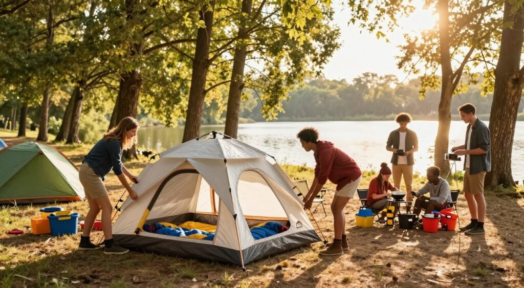 A vibrant camping scene featuring a group of six diverse people engaging harmoniously in a wooded campsite. In the foreground, two friends are setting up a spacious tent designed for six people, with an inviting open door revealing cozy sleeping bags inside. The middle ground showcases another friend cooking over a portable stove, with colorful camping gear scattered around, creating a lively and collaborative atmosphere. The background reveals towering trees and a serene lake reflecting the sunlight, with golden hour lighting filtering through the leaves to create a warm and inviting glow. The mood is cheerful and adventurous, perfect for showcasing the joys of group camping. barraca de camping para 6 pessoas