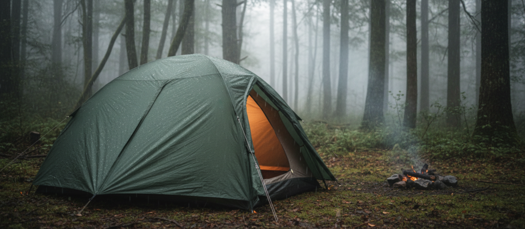 A waterproof camping tent, prominently positioned in the foreground, showcasing its rich, durable fabric with visible waterproof features. The tent is set against an atmospheric backdrop of a misty forest, with soft, diffused lighting filtering through the trees, creating a serene, inviting atmosphere. In the middle ground, raindrops can be seen gently falling and beading on the tent's surface, emphasizing its waterproof capability. The scene captures a cozy, yet slightly rugged camping environment. The perspective is a slightly elevated angle, giving a comprehensive view of the tent's structure and the surrounding nature. Overall, the mood is tranquil, highlighting a perfect setting for camping in the rain.